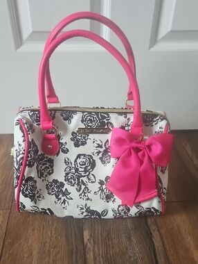 Betsey Johnson Floral Bow Satchel Handbag - Hot Pink & Black